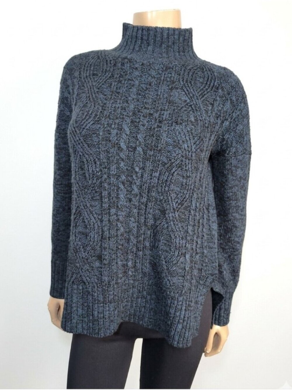 Sanctuary Blue Black Cable Knit Mock Neck Sweater Side Slit Womens Size XS